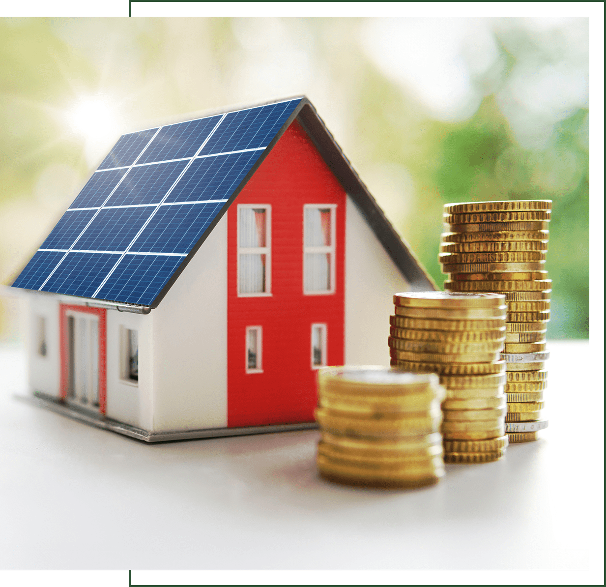 Model house with solar panels and coins.