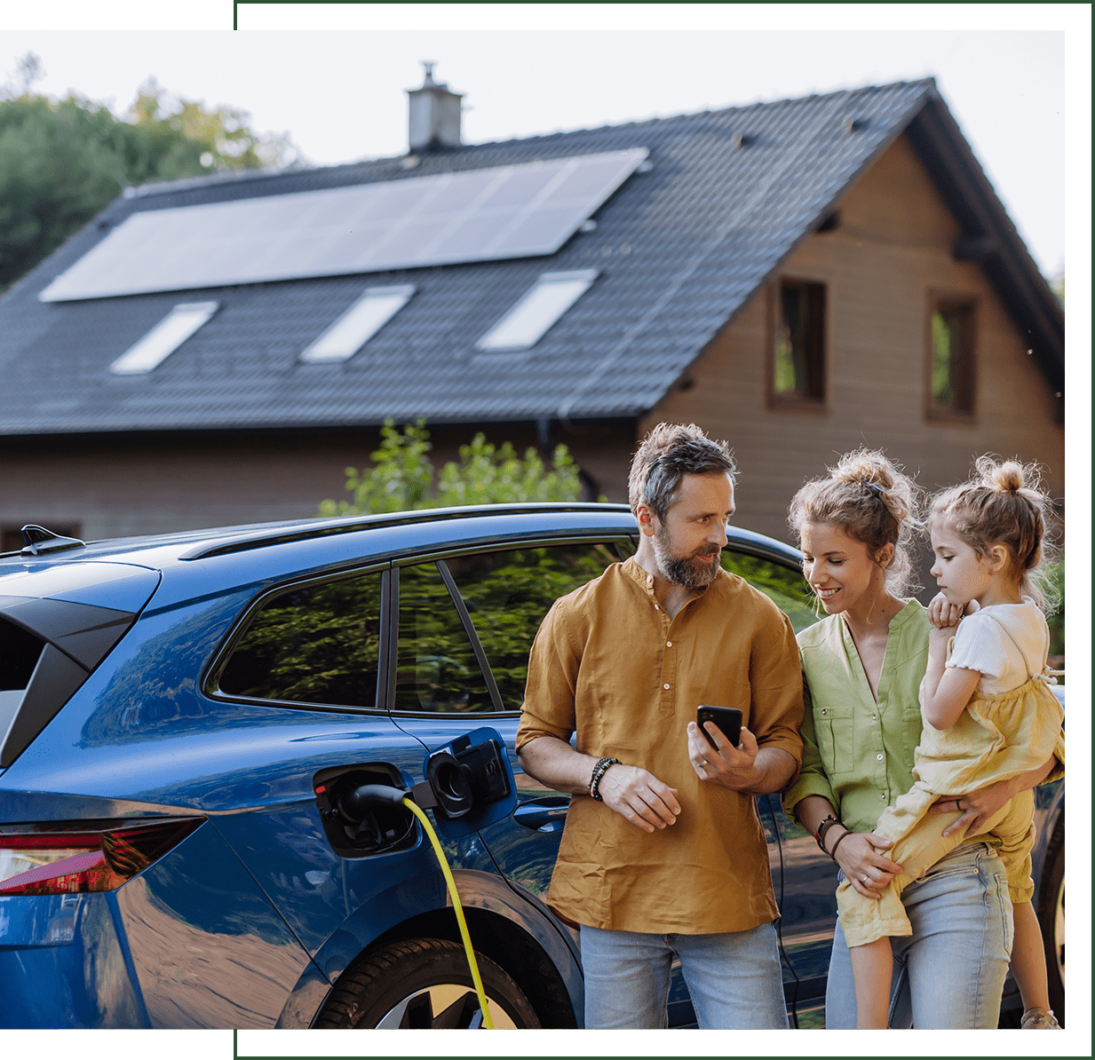 Family with electric car and solar panels.