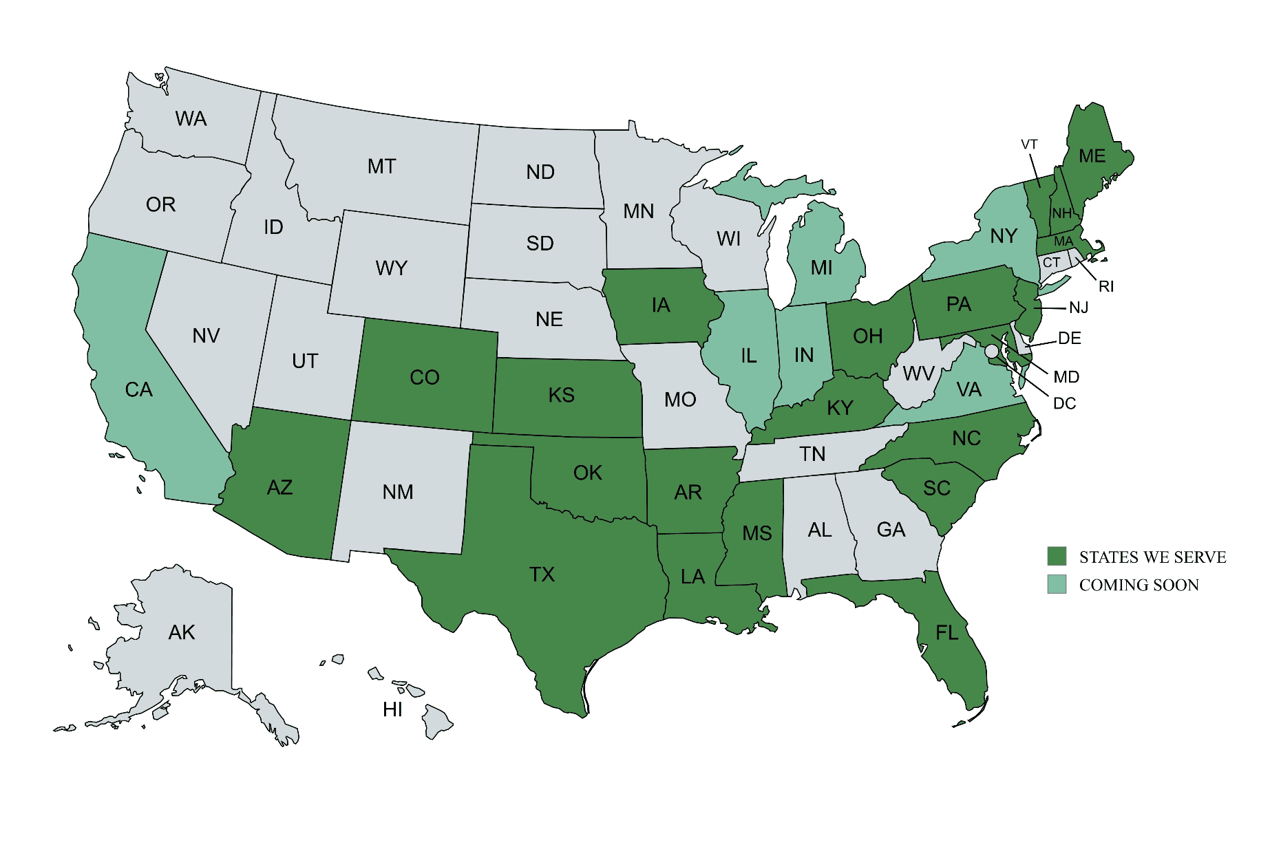 U.S. map with service areas highlighted.