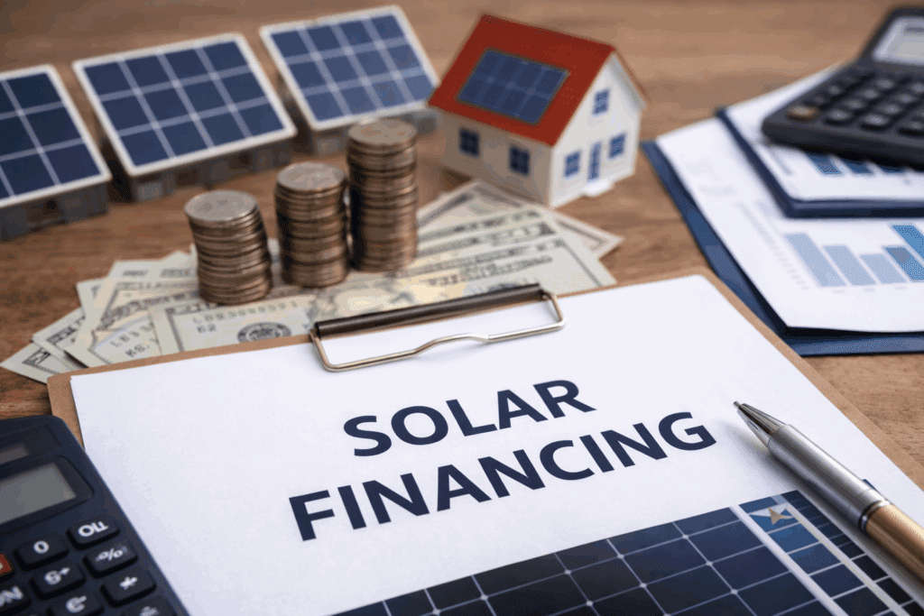 Solar financing document with money and calculator.