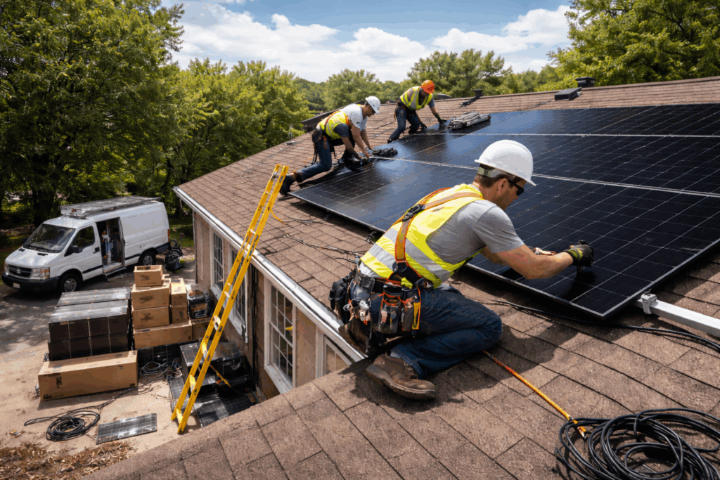 Workers installing solar panels on roof.