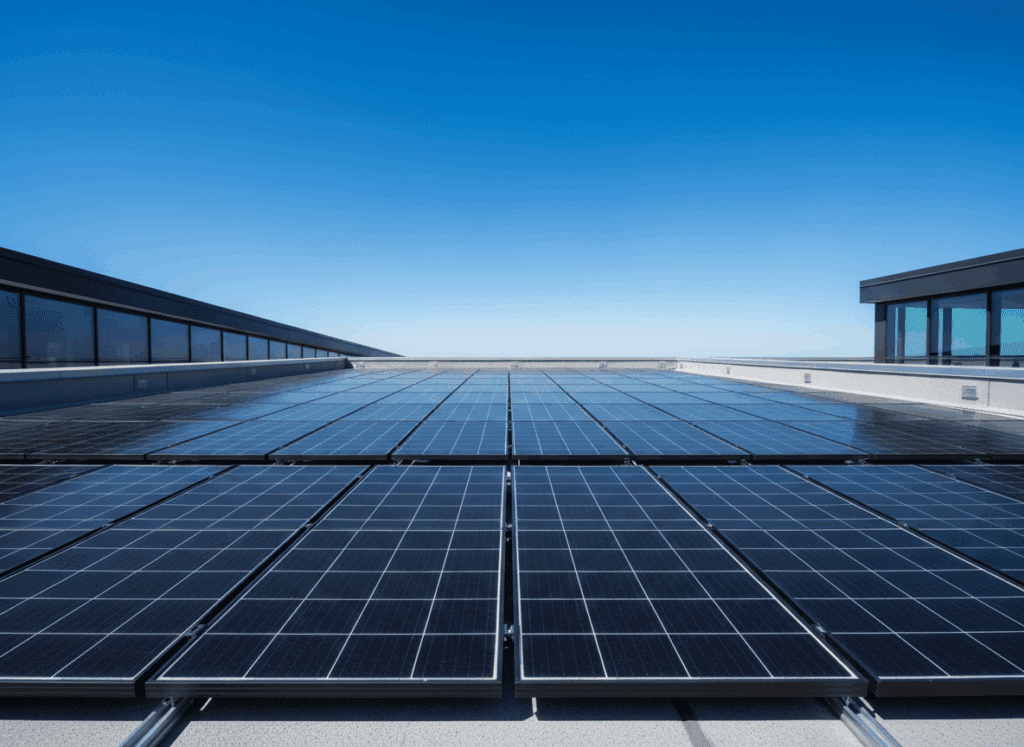 Rooftop solar panels under clear blue sky.
