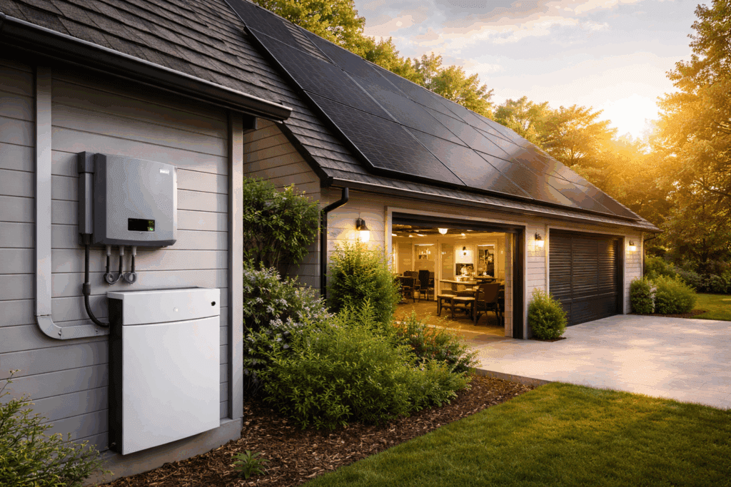 House with solar panels and power system.