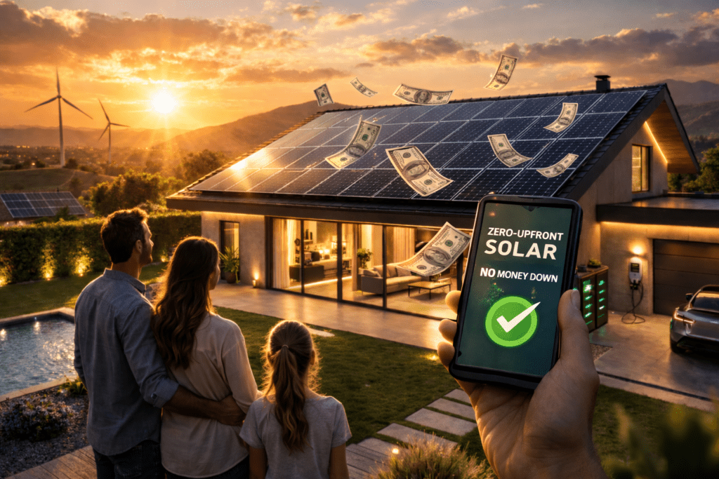 Family admiring solar-powered home at sunset.