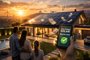 Family admiring solar-powered home at sunset.
