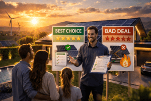 Man presenting solar panel options to family.