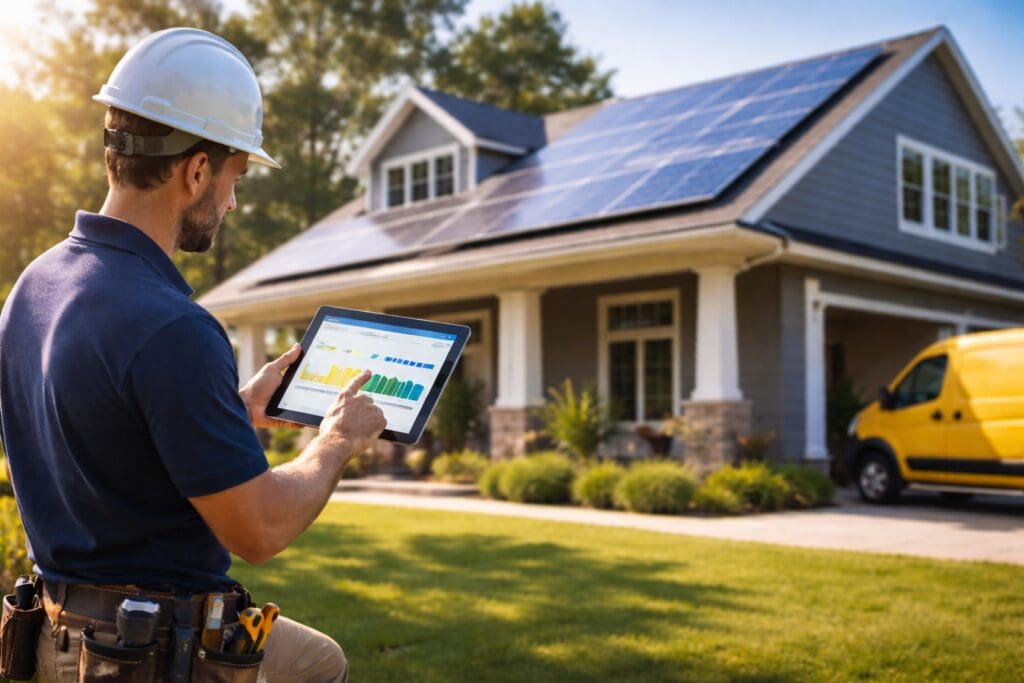 Technician checking solar panels on tablet.