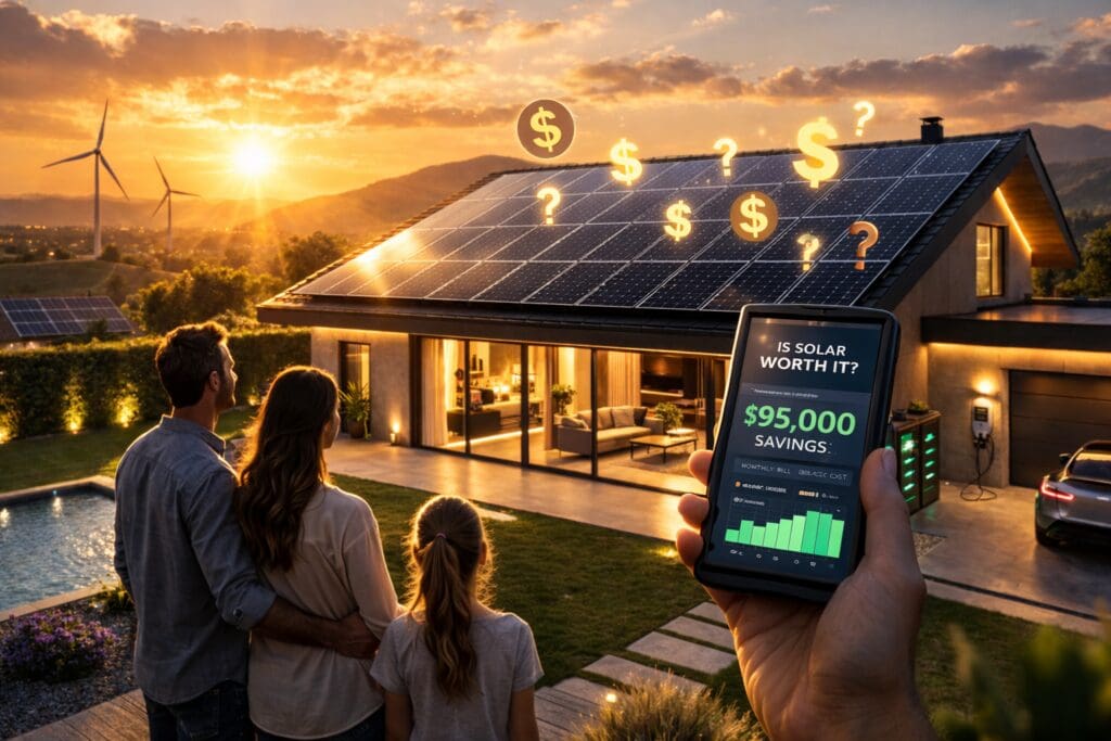 Family viewing solar panel savings at sunset.