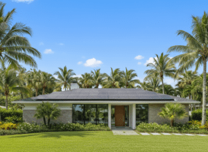 Modern house with palm trees and lawn.