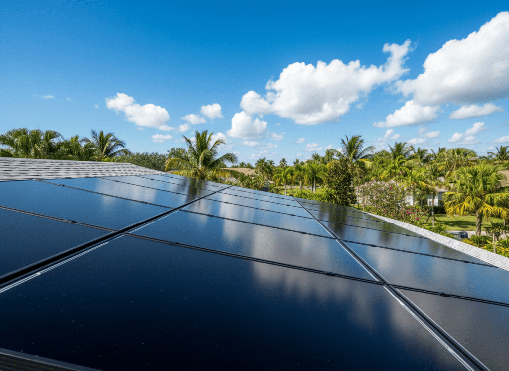 Solar panels on roof under sunny sky.