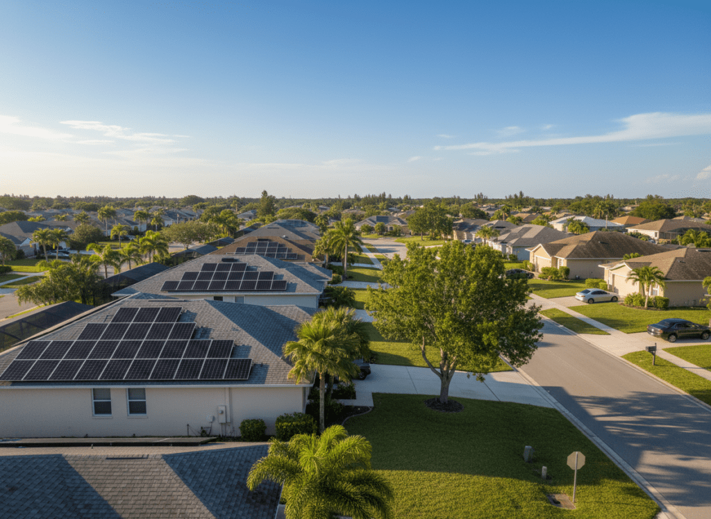 Suburban neighborhood with houses and solar panels.
