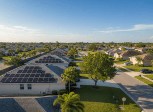 Suburban neighborhood with houses and solar panels.