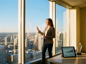 Photorealistic photograph of a confident solar sales professional in business casual attire standing at a floor-to-ceiling window in a modern high-rise office, looking out over a sunlit cityscape with a clear blue sky. The mood is ambitious, forward-looking, and high-stakes — conveying market opportunity and urgency. Warm golden light fills the room. The figure's posture suggests decisive leadership and momentum.