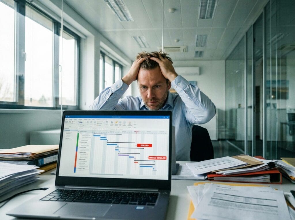 Photorealistic photograph of a frustrated solar sales professional sitting at a modern office desk, staring at a laptop screen showing a stalled project timeline. Papers and folders are stacked around him. Natural window light from the side. Mood is tense and high-stakes. Clean, professional environment.