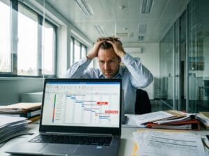 Photorealistic photograph of a frustrated solar sales professional sitting at a modern office desk, staring at a laptop screen showing a stalled project timeline. Papers and folders are stacked around him. Natural window light from the side. Mood is tense and high-stakes. Clean, professional environment.