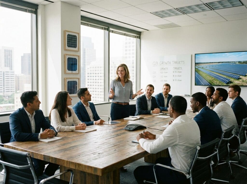 Photorealistic photograph of a confident solar sales team leader standing at the head of a modern conference table with a diverse group of sales professionals in a bright, professional office setting. The mood is ambitious and focused — energy in the room suggests growth and forward momentum. Large windows, clean workspace, subtle solar industry materials visible in the background.