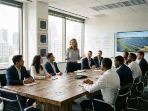Photorealistic photograph of a confident solar sales team leader standing at the head of a modern conference table with a diverse group of sales professionals in a bright, professional office setting. The mood is ambitious and focused — energy in the room suggests growth and forward momentum. Large windows, clean workspace, subtle solar industry materials visible in the background.